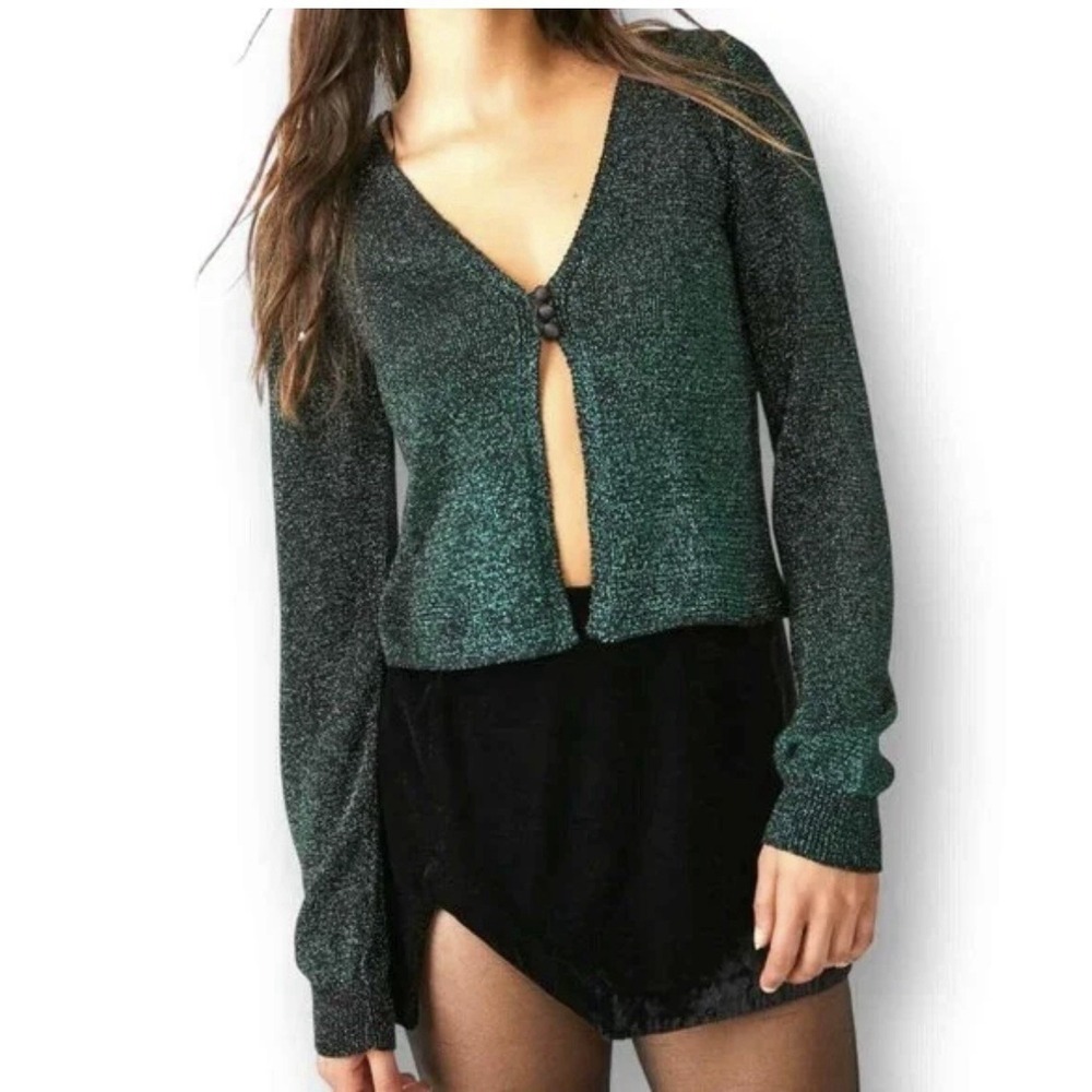 NEW Free People Emmaline Metallic Cardigan Women SM Crop Fairy festive grunge